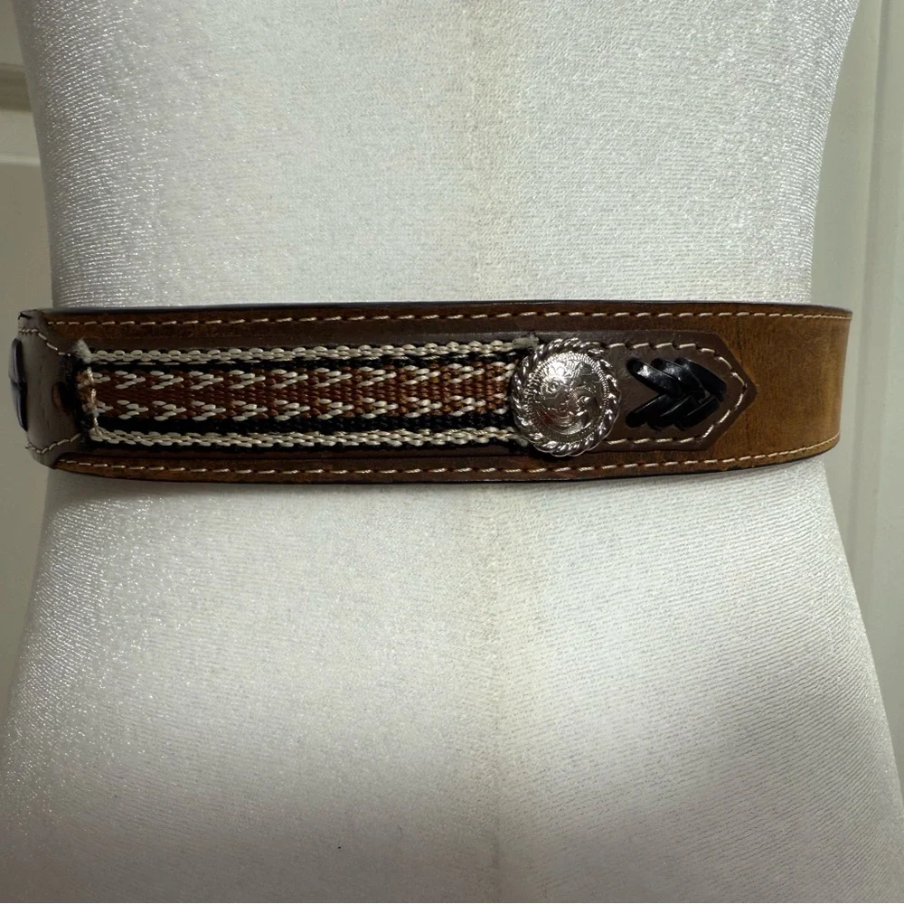Nocona Belt Co. Kids Western Leather Concho Belt Brown Silver‎ Buckle Size 28